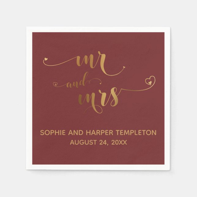Gold and Burgundy Mr and Mrs Calligraphy w Hearts Napkin (Front)