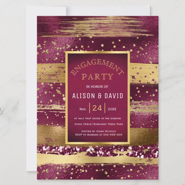 Gold and burgundy paint strokes engagement party invitation (Front)