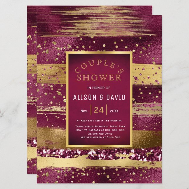 Gold and burgundy strokes wedding couple's shower invitation (Front/Back)