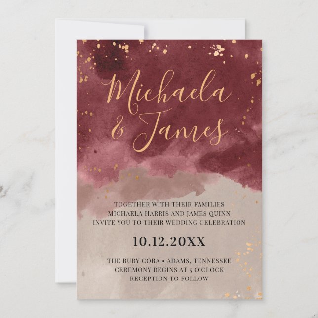 Gold and Burgundy Watercolor Wedding Invitation (Front)