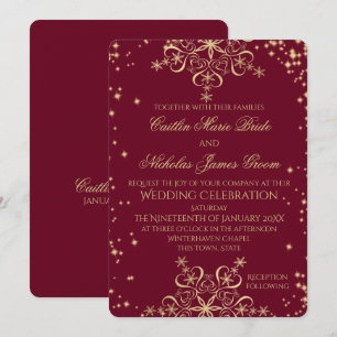 Gold and Burgundy Winter Wedding Snowflakes Invitation