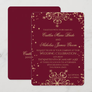 Gold and Burgundy Winter Wedding Snowflakes Invitation