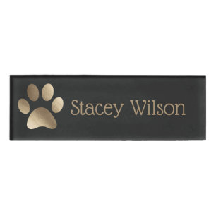 Gold and Charcoal Paw Print Logo Name Tag