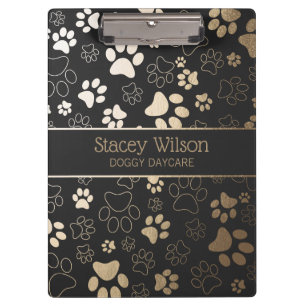 Gold And Charcoal Paw Print Pattern Clipboard