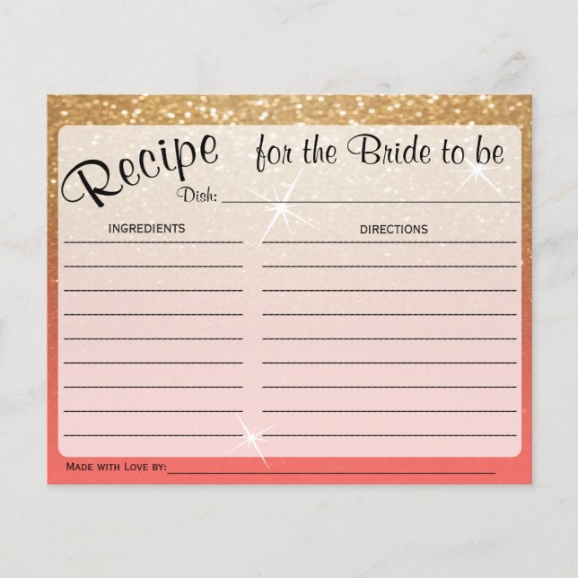 Gold and Coral Bride to Be Recipe Card (Front)