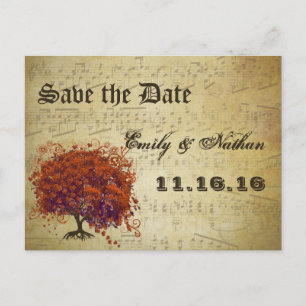 Gold and Coral Heart Leaf Tree Save the Date Announcement Postcard