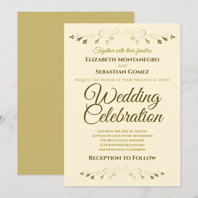 Gold and Cream Elegant Filigree Simple Wedding Invitation (Front/Back)