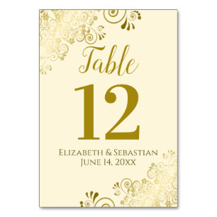 Gold and Cream Elegant Frilly Wedding Table Number