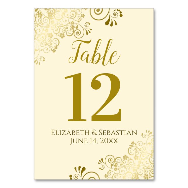 Gold and Cream Elegant Frilly Wedding Table Number (Front)