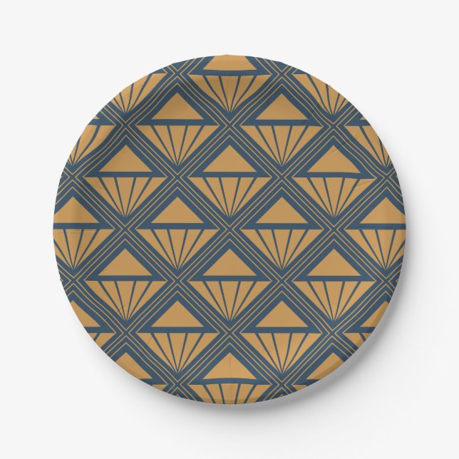 Gold and dark blue Art Deco design with rhombuses Paper Plate (Front)