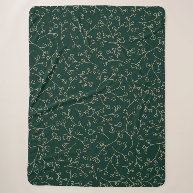 Gold and Dark Emerald Green Botanical Vine Pattern Sherpa Blanket (Front)