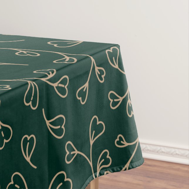Gold and Dark Emerald Green Botanical Vine Pattern Tablecloth (In Situ)