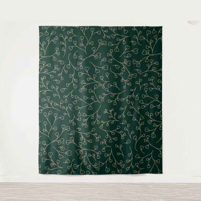 Gold and Dark Emerald Green Botanical Vine Pattern Tapestry (Front)