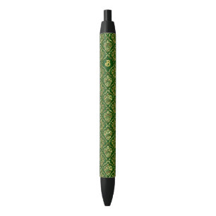 Gold and dark-green vintage floral damask pattern black ink pen