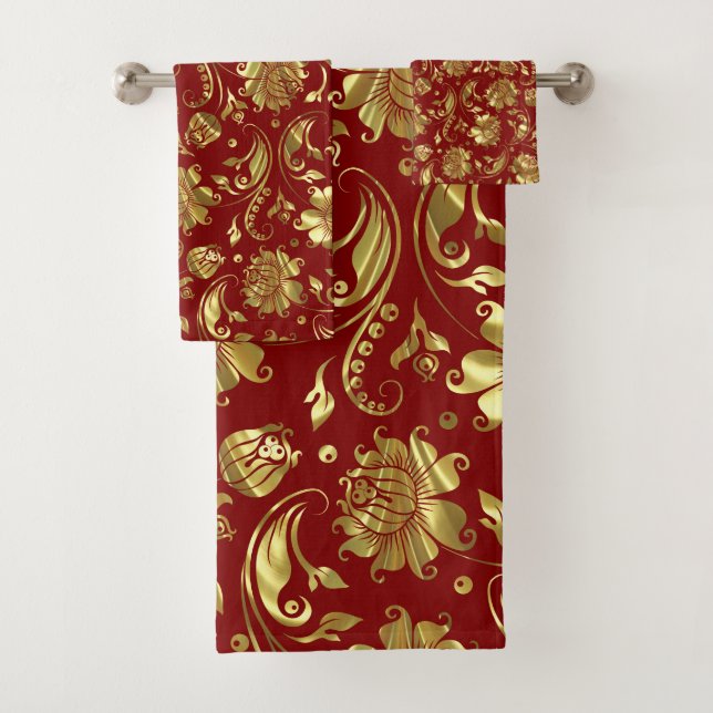 Gold and dark-red floral damasks pattern bath towel set (Insitu)