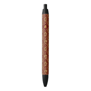 Gold and dark-red vintage floral damask pattern black ink pen