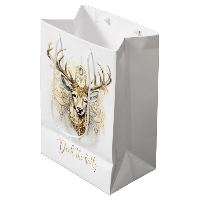 Gold and Diamond Glittery Deer Medium Gift Bag (Front Angled)