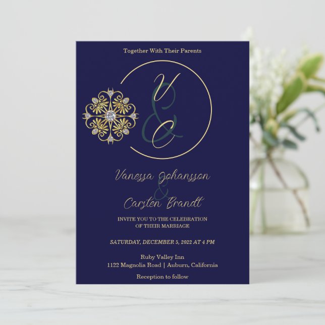 Gold and Diamonds Wedding Invitation (Standing Front)