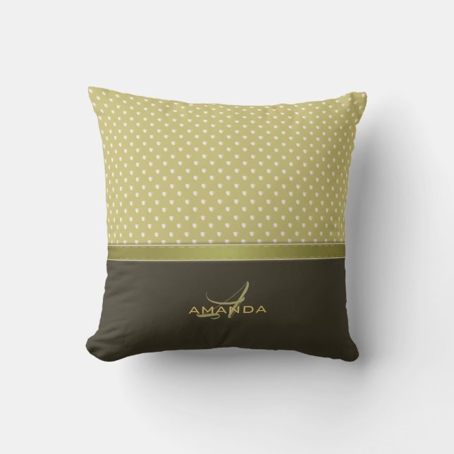 Gold and Ecru Olive Green Elegant Monogram Throw Pillow (Front)