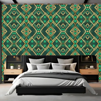 Gold and Emerald Argyle Pattern Peel and Stick  Wallpaper