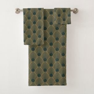 Gold and Emerald Green Art Deco Pattern Bath Towel Set