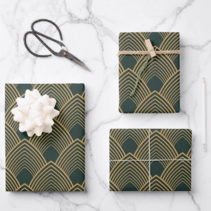 Gold and Emerald Green Art Deco Pattern   Wrapping Paper Sheet