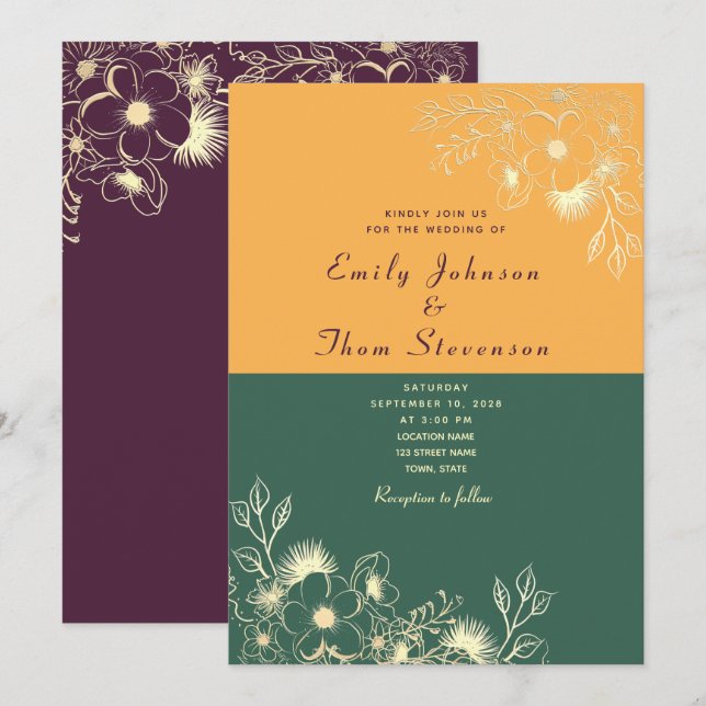 Gold and Emerald Green Wedding Invitation (Front/Back)