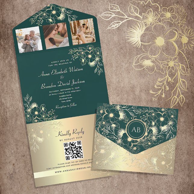 Gold and Emerald Green Wedding QR Code All In One Invitation (Creator Uploaded)