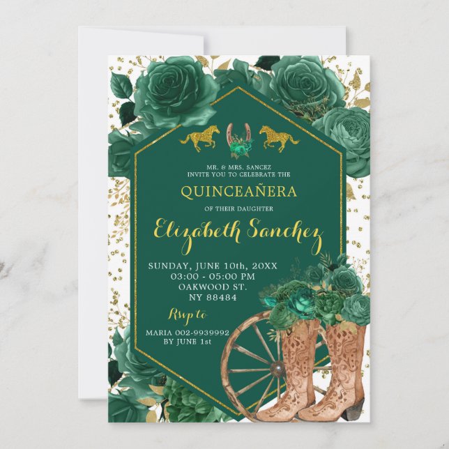 Gold and Emerald Green Western Charra Quinceañera Invitation (Front)
