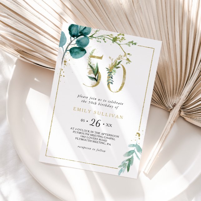 Gold and Eucalyptus 50th Birthday Party Invitation (Creator Uploaded)