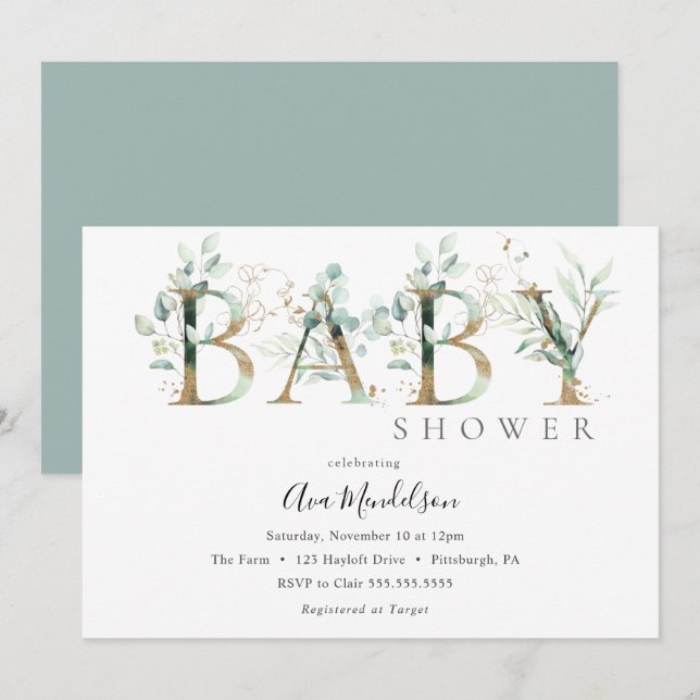 Gold and Eucalyptus Baby Shower invitation (Front/Back)
