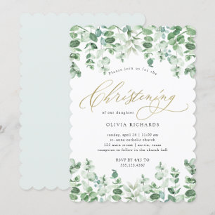 Gold and Eucalyptus Elegant Watercolor Christening Invitation