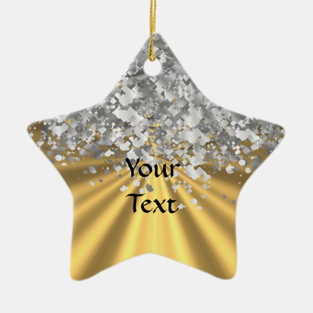 Gold and faux glitter personalized ceramic ornament (Front)