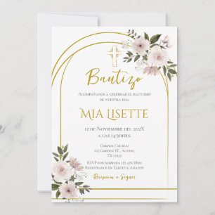 Gold and floral baptism invitation for girl in Spa