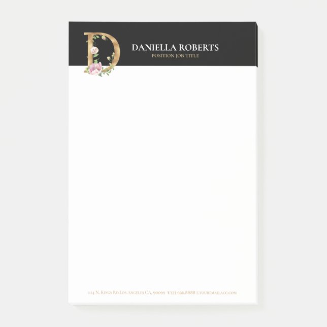 Gold and flowers lettering Monogram D Post-it Notes (Front)