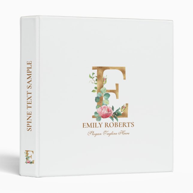 Gold and flowers lettering Monogram E Binder (Front/Spine)