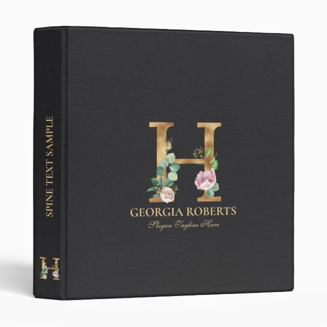 Gold and flowers lettering Monogram H 3 Ring Binde Binder (Front/Spine)