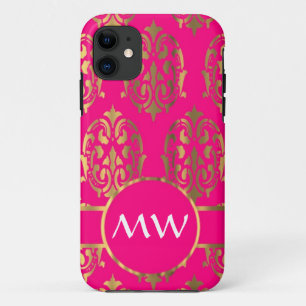 Gold and fuchsia pink damask pattern iPhone 11 case