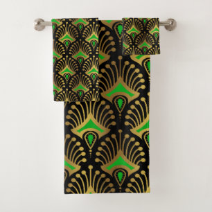 Gold and green Art Deco pattern on black Bath Towel Set
