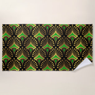 Gold and green Art Deco pattern on black Beach Towel