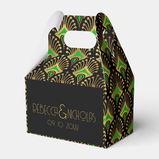 Gold and green Art Deco pattern on black Favor Box (Back Side)