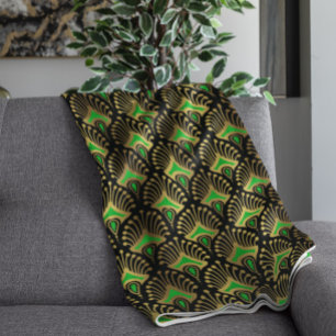 Gold and green Art Deco pattern on black Fleece Blanket