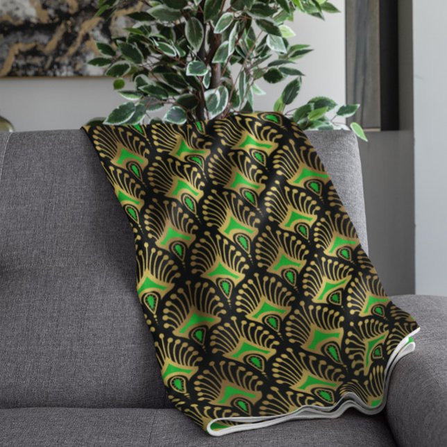 Gold and green Art Deco pattern on black Fleece Blanket (Creator Uploaded)