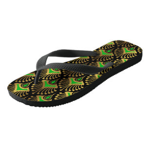 Gold and Green Art Deco pattern on black Flip Flops