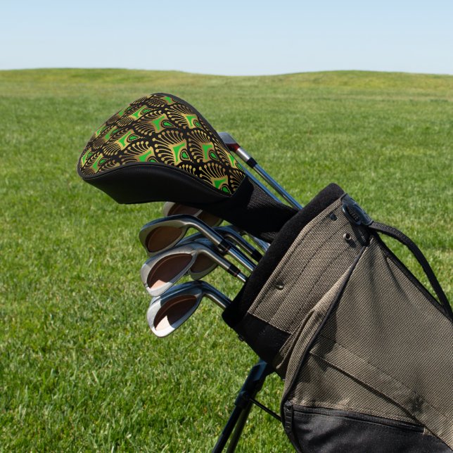 Gold and green Art Deco pattern on black Golf Head Cover (In Situ)