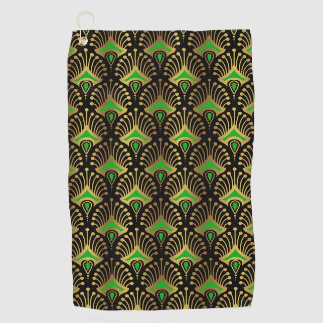 Gold and green Art Deco pattern on black Golf Towel (Front)