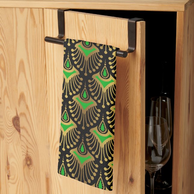 Gold and green Art Deco pattern on black Kitchen T Towel (Thirds Fold)