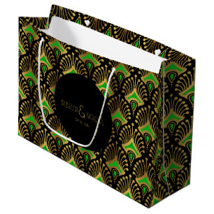 Gold and green Art Deco pattern on black Large Gift Bag