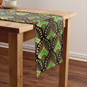 Gold and green Art Deco pattern on black Long Table Runner