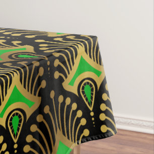 Gold and green Art Deco pattern on black Tablecloth
